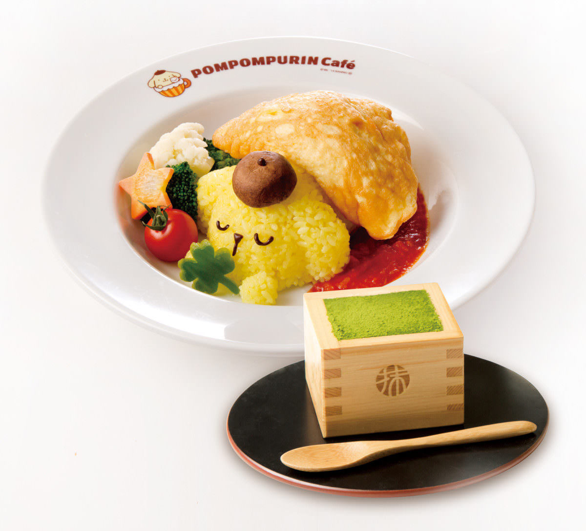 ポムポムプリンカフェ ふかふかお布団でおひるねzzzポムポムプリンのふわふわスフレオムライス+宇治抹茶のティラミス