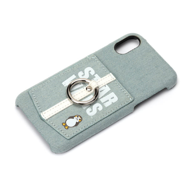 iPhone X用 ハードケース ポケット&リング付き ロゴ／デニム01