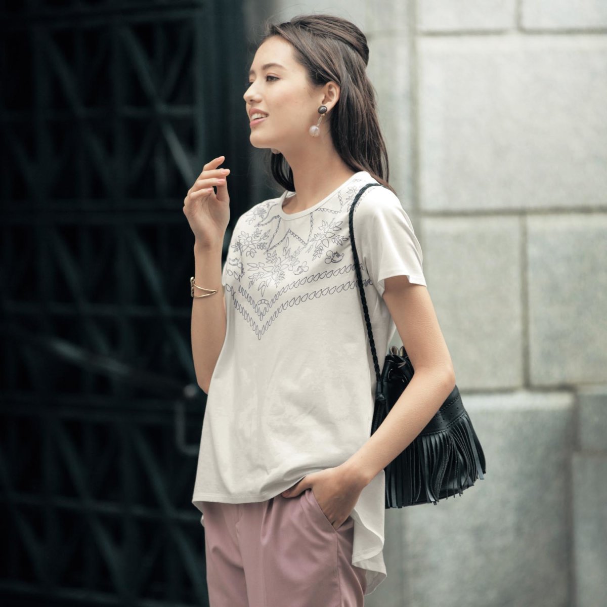 フェイクプリント前後差チュニックＴシャツ