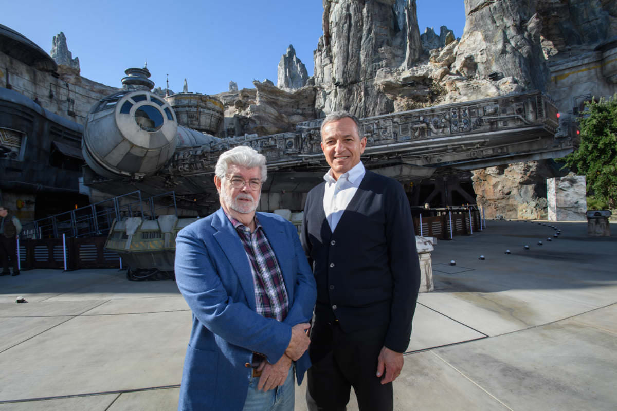 Bob Iger and George Lucas Tour Star Wars: Galaxy’s Edge at Disneyland Park Ahead of Opening Bob Iger, Walt Disney Company Chairman and CEO (right), and George Lucas, Star Wars creator, stand in front of the Millennium Falcon at Star Wars: Galaxy’s Edge at Disneyland Park in Anaheim, California, May 29, 2019. Star Wars: Galaxy’s Edge opens May 31, 2019, at Disneyland Resort in California and Aug. 29, 2019, at Walt Disney World Resort in Florida. 