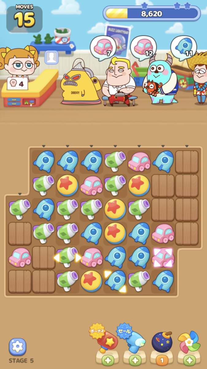 スマホパズルゲーム「LINE：ピクサー タワー 〜おかいものパズル〜」スクリーンショット2