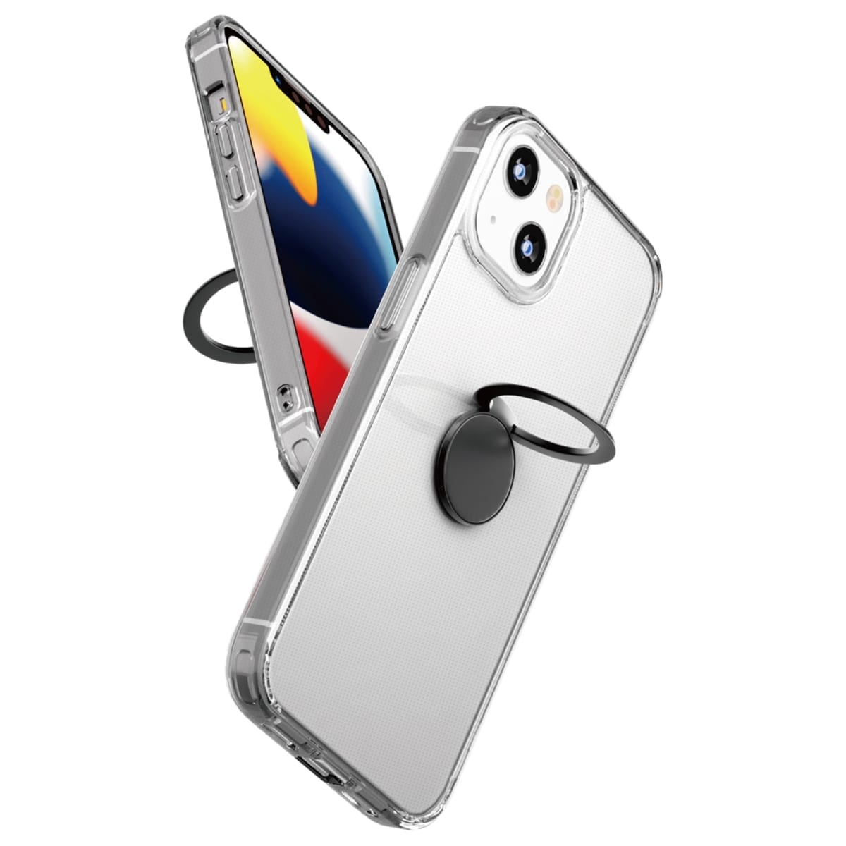 iPhone 13/13 Pro用 リング付 抗菌ハイブリッドケース ブラック(装着イメージ)