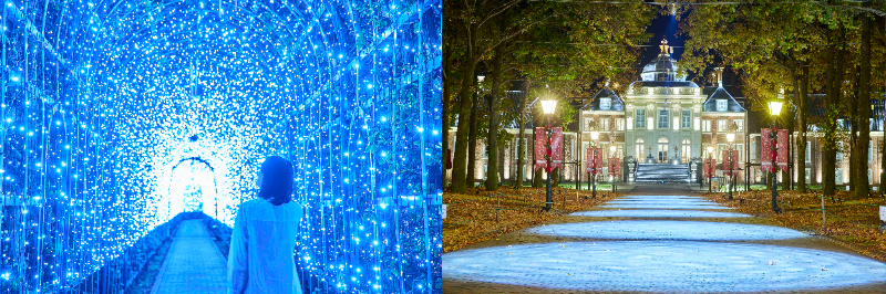 ハウステンボス「光の街のクリスマス」（左）永遠のアーチ・（右）白銀プロムナード