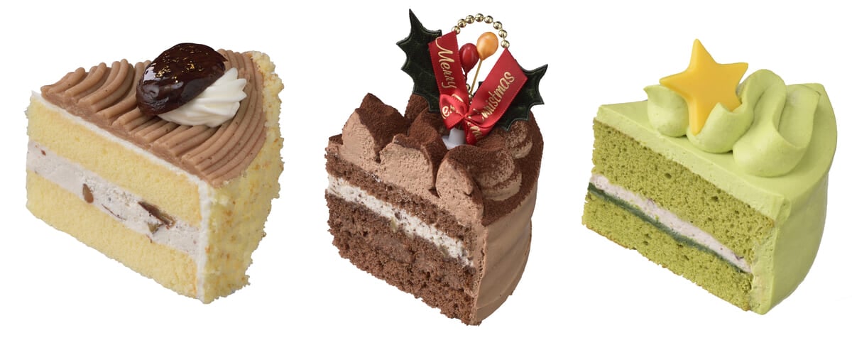 左：栗のショートケーキ　　中：チョコレートケーキ　　右：抹茶のシフォン