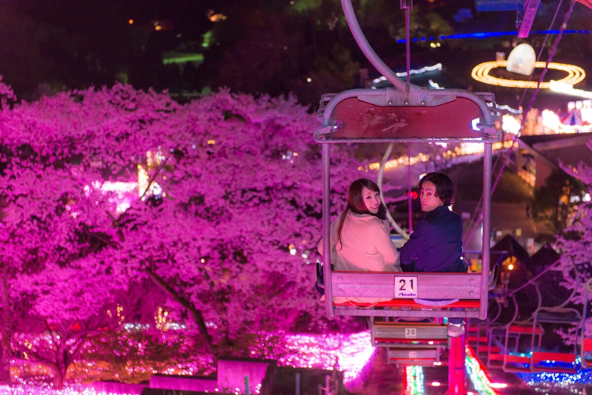 ライトアップされた桜の中で楽しむアトラクション