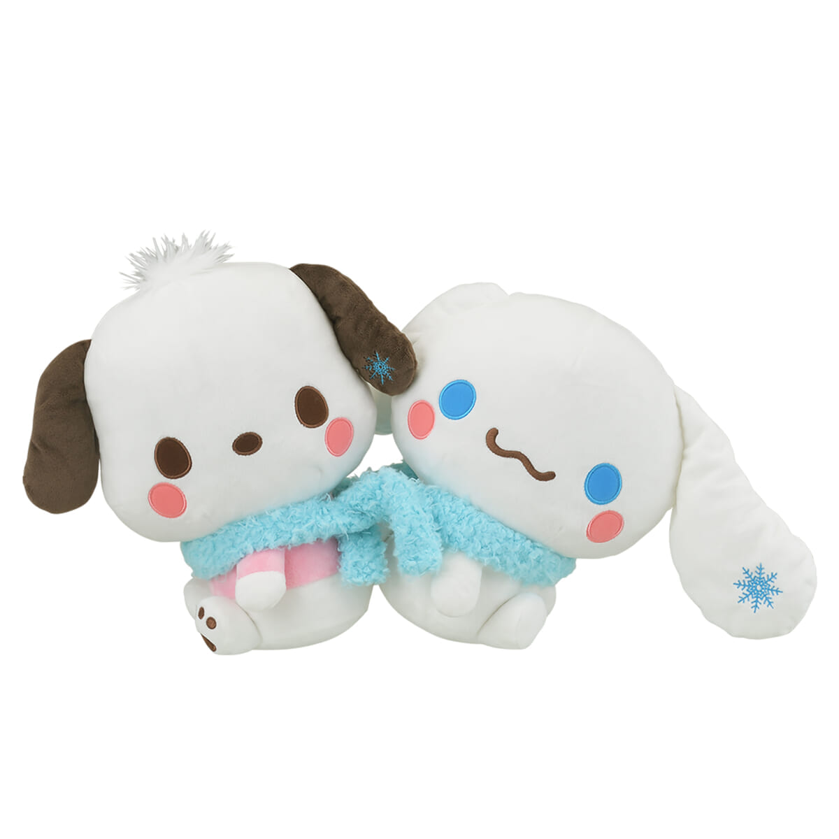 ゆるかわ　サンリオキャラクターズ　スペシャルなかよしマフラーぬいぐるみ“シナモロール・ポチャッコ”　一緒にマフラーを巻いたところ