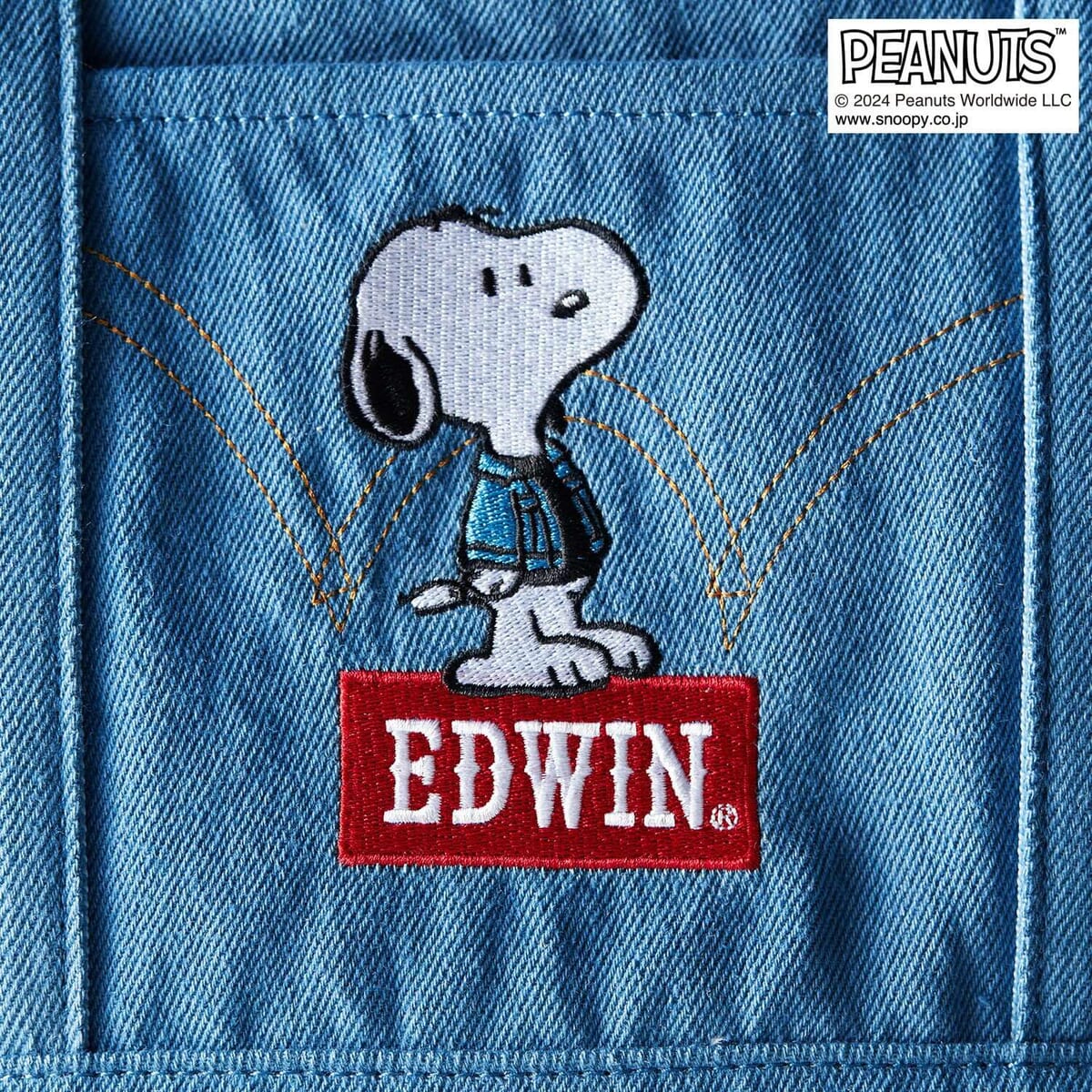 「EDWIN／スヌーピー」刺繍デニムトート（ブルー）刺繍部分