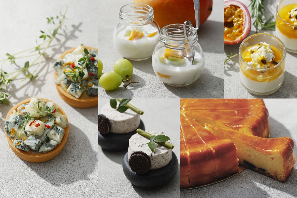 左：ゴルゴンゾーラとシトラスフルーツのタルト上段左から：モッツァレッラチーズとマンゴーのココナッツスープ、フロマージュブランのブランマンジェ　トロピカルフルーツ 下段左から：クッキーレアチーズ、オールドファッションチーズケーキ