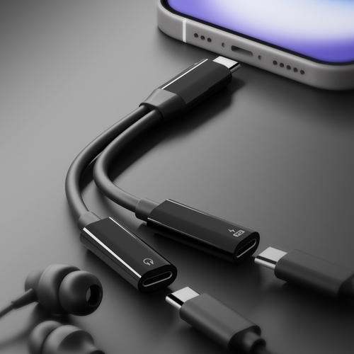 USB-C充電ポート付 USB-C to USB-C イヤホン変換アダプタ（ブラック）使用イメージ