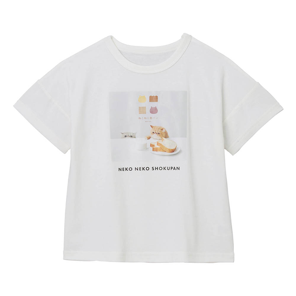 【ねこねこ食パン】プリント半袖Tシャツ（オフホワイト）