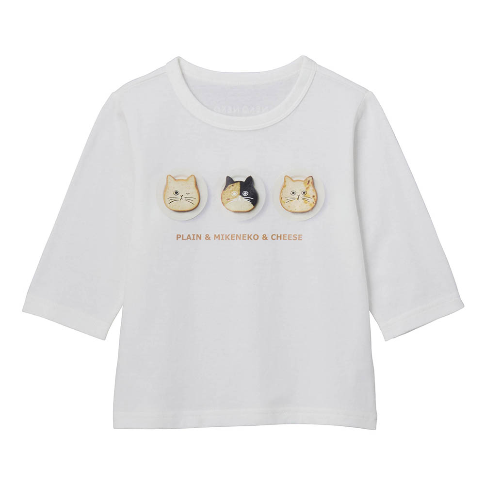 【ねこねこ食パン】プリント七分袖Tシャツ（オフホワイト）