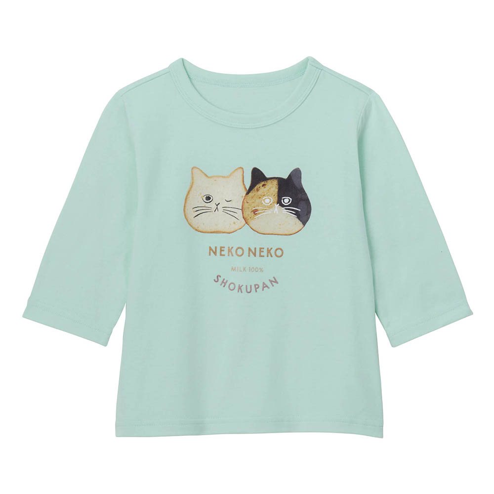 【ねこねこ食パン】プリント七分袖Tシャツ（ライトミント）