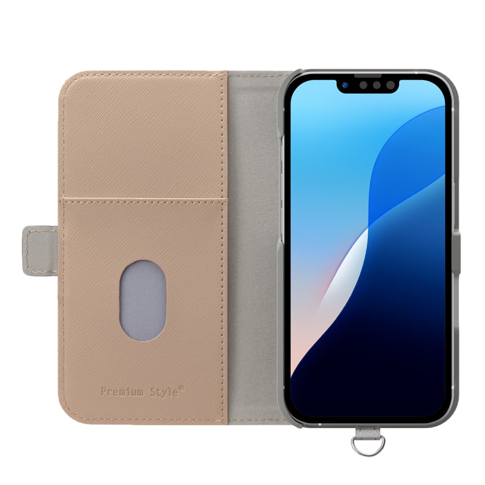 iPhone 16e 用 フリップカバー（サフィアーノ調型押しPUレザー ベージュ）内側
