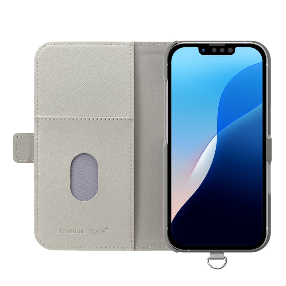iPhone 16e 用 フリップカバー（サフィアーノ調型押しPUレザー グレー）内側