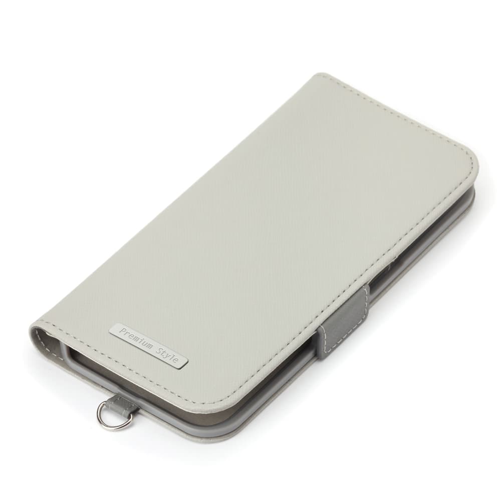 iPhone 16e 用 フリップカバー（サフィアーノ調型押しPUレザー グレー）