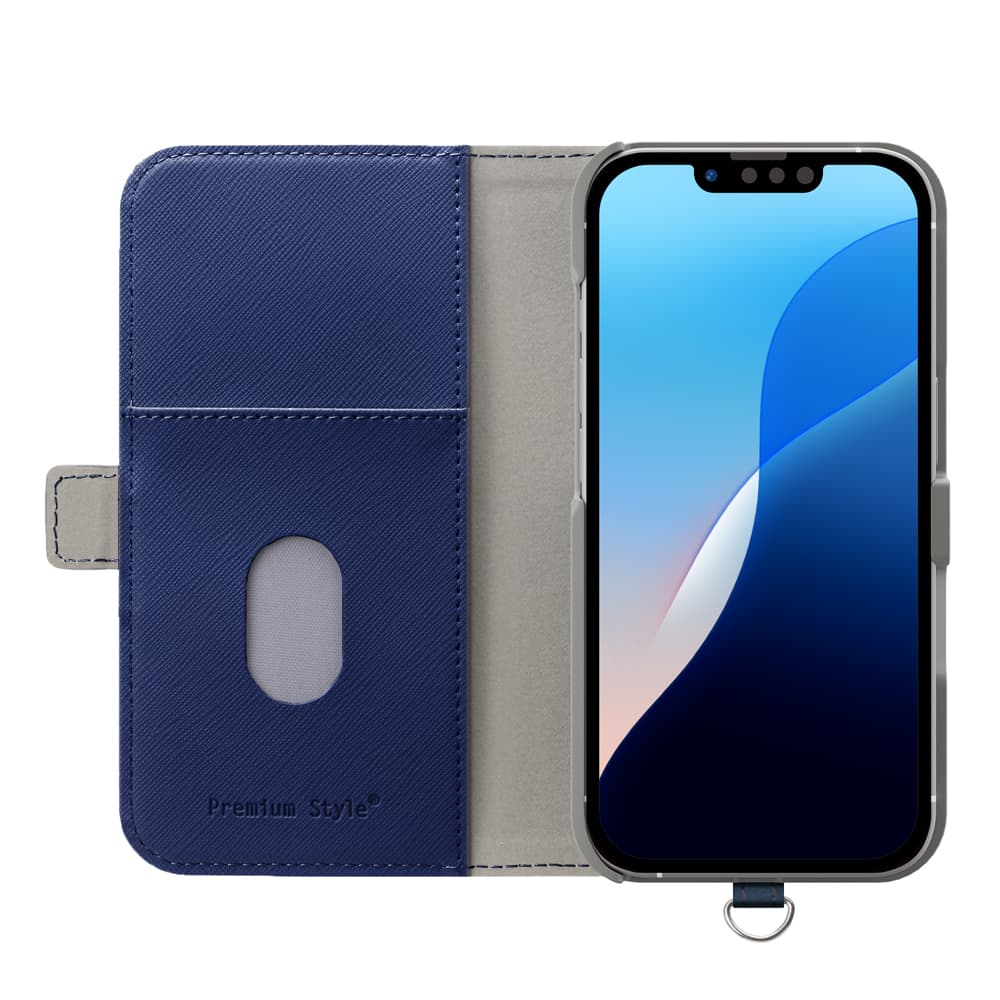 iPhone 16e 用 フリップカバー（サフィアーノ調型押しPUレザー ネイビー）内側