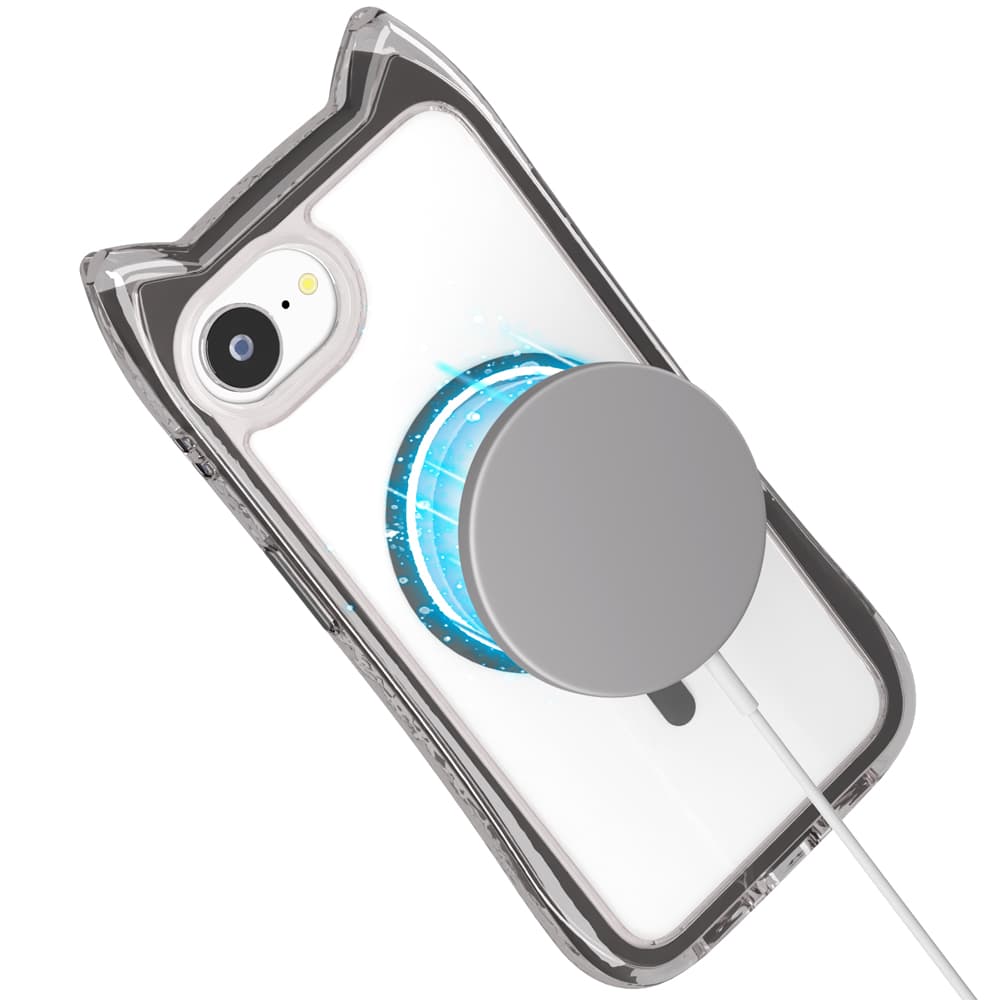 iPhone 16e用 MagSafe対応 ネコミミ エアクッションケース　ブラック（MagSafe取り付け）
