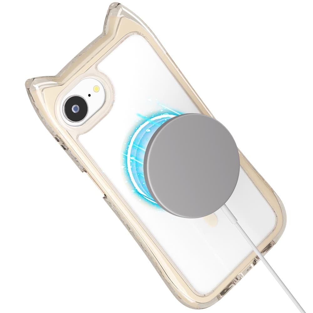iPhone 16e用 MagSafe対応 ネコミミ エアクッションケース　ベージュ（MagSafe取り付け）