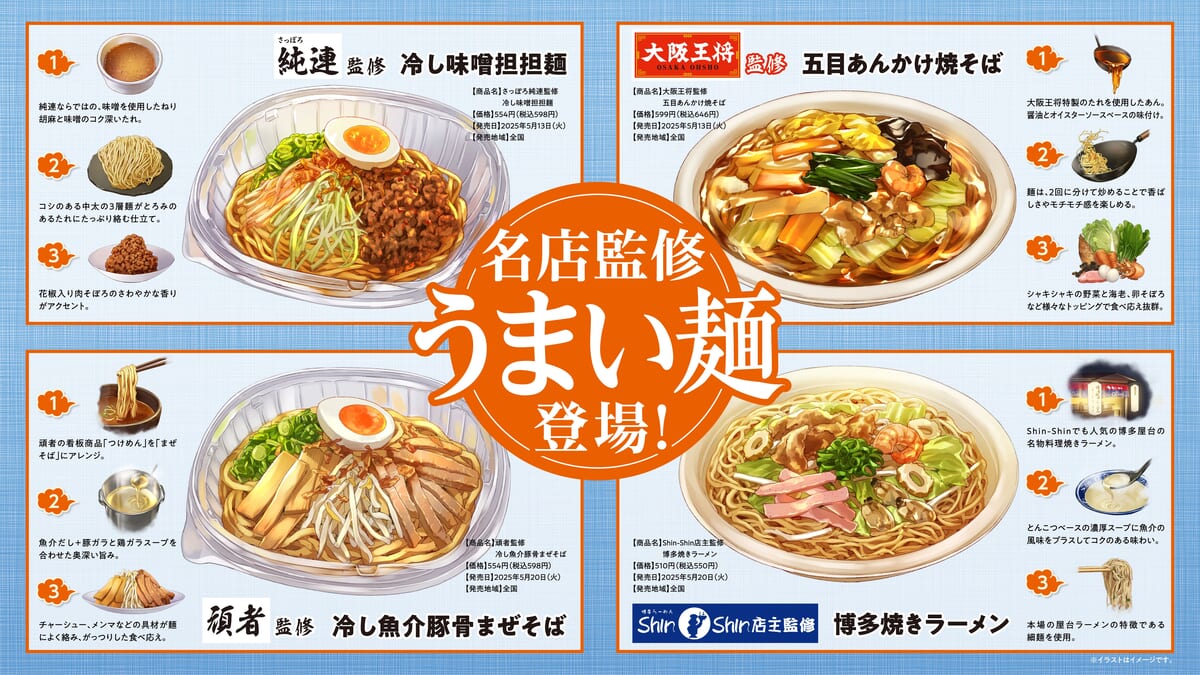 「うまい麺」のこだわりポイント、定番冷し麺のリニューアルポイントをイラストで解説