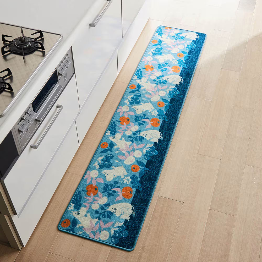 プリントキッチンマット 「ムーミン」　ブルー系　ロング