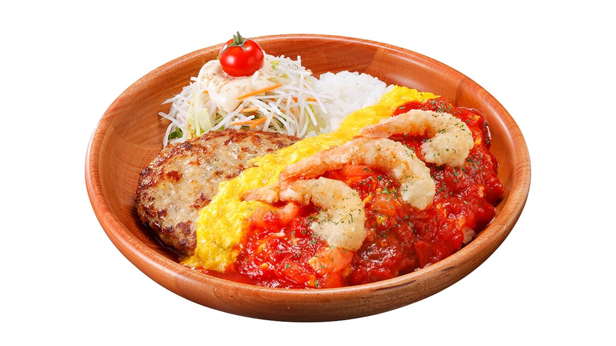 角切りトマトとシュリンプのオムバーグディッシュ