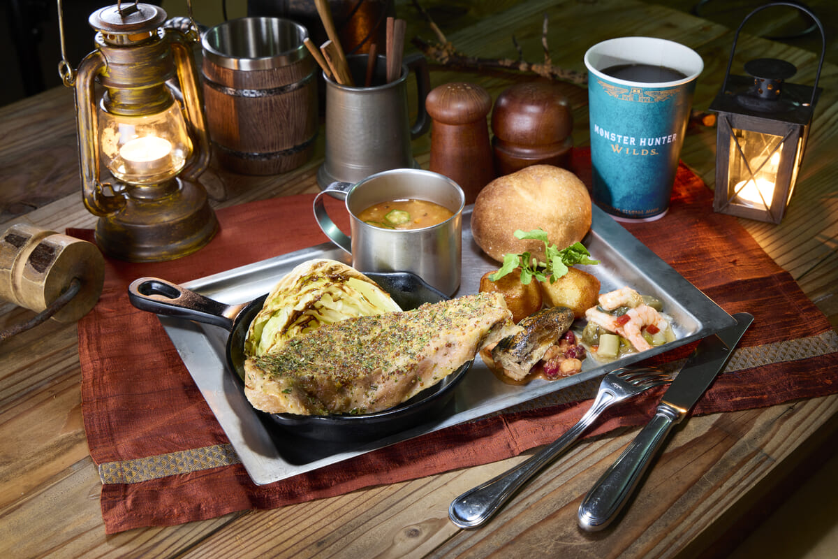 焚き火料理 ポーク、ワイルドハーブ、シルドニンニク