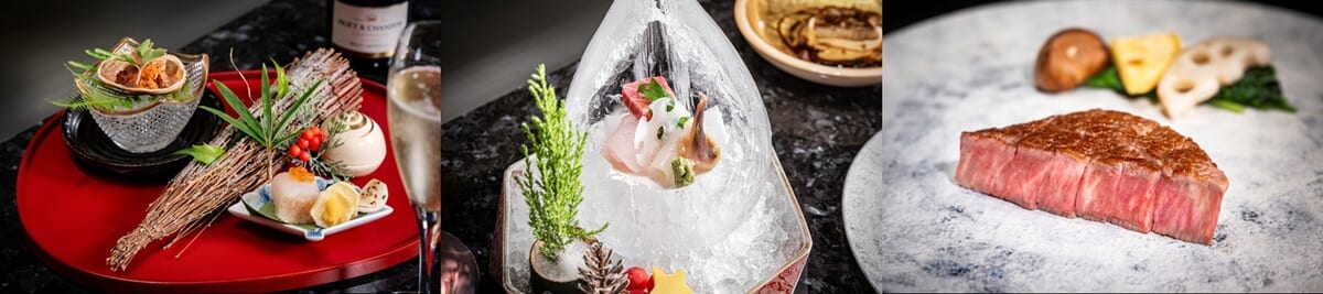 華やかに盛り付けられた前菜／氷の器で味わう季節の御造里／目の前で焼き上げる松阪牛フィレ