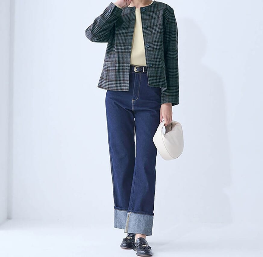 裏地プリントノーカラージャケット　着用イメージ　デニム