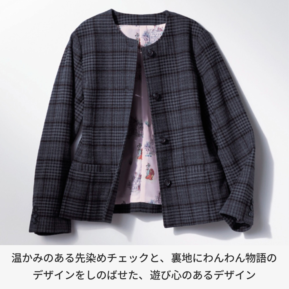裏地プリントノーカラージャケット　わんわん物語