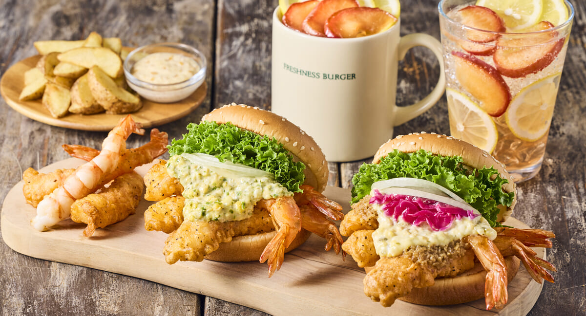フレッシュネスバーガー「神の海老バーガー　柚子胡椒シュリンプ／神の海老バーガー　ガーリックシュリンプ／ディップポテト生姜醤油マヨソース」