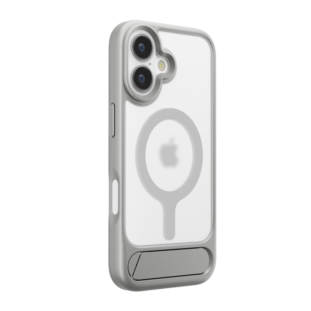 iPhone17 用 スタンド付きハイブリッドケース（MagSafe対応）グレー（背面・斜め）