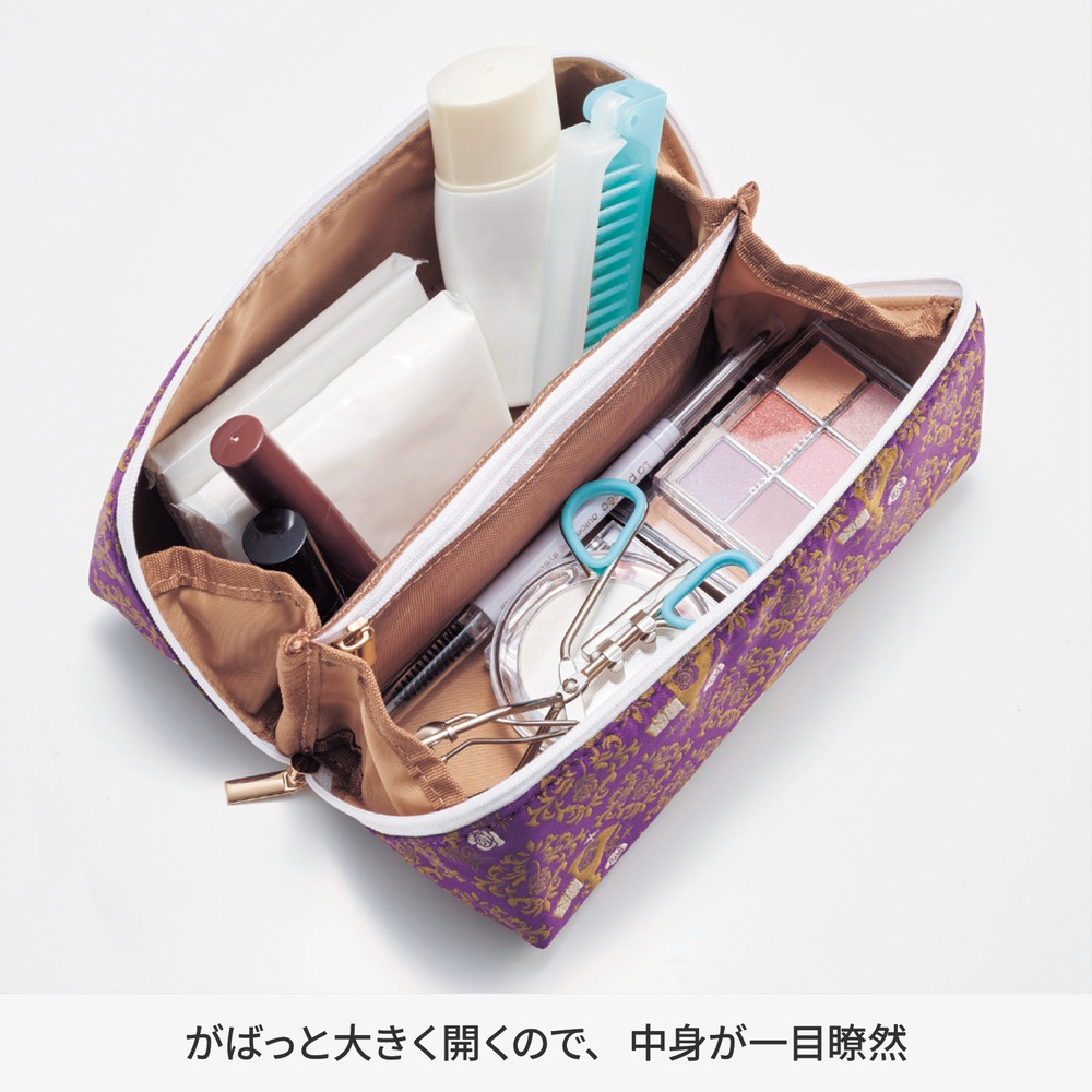 織り柄が美しいジャカード素材のがばっと開くポーチ　収納イメージ
