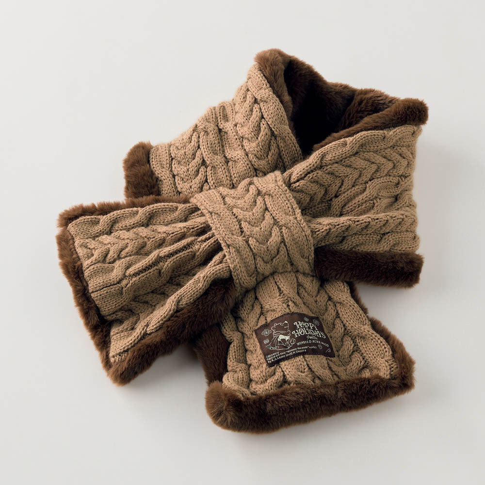 肌側フェイクファーのケーブルニットマフラー プーさん