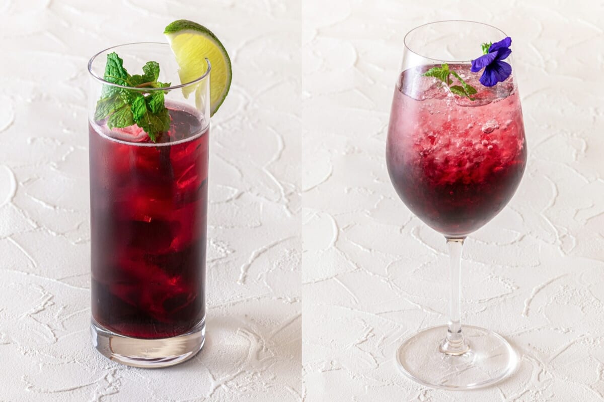 ハスカップを使用したカクテル紫雫(左)モクテル(紫霧)