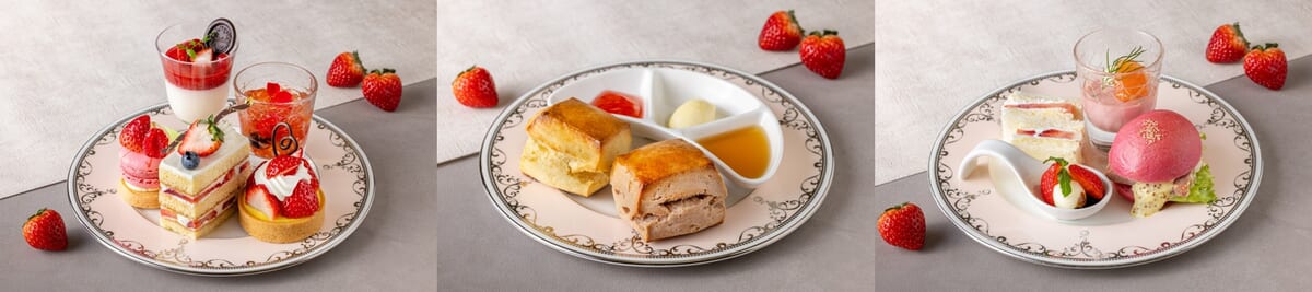 5種類の苺のスイーツ（上段）2種類のスコーン（中段）かわいらしいミニバーガーなどのセイボリー（下段）