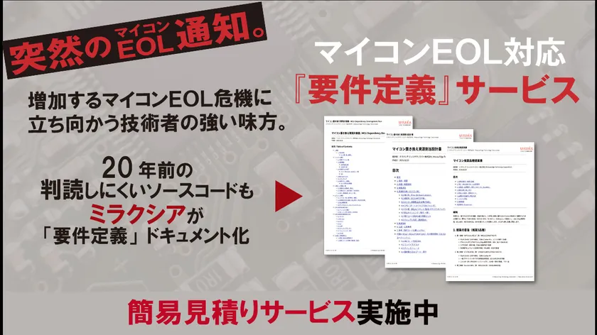 ミラクシア エッジテクノロジー株式会社「マイコンEOL対応『要件定義』サービス」 ミラクシア エッジテクノロジー株式会社「マイコンEOL対応『要件定義』サービス」
