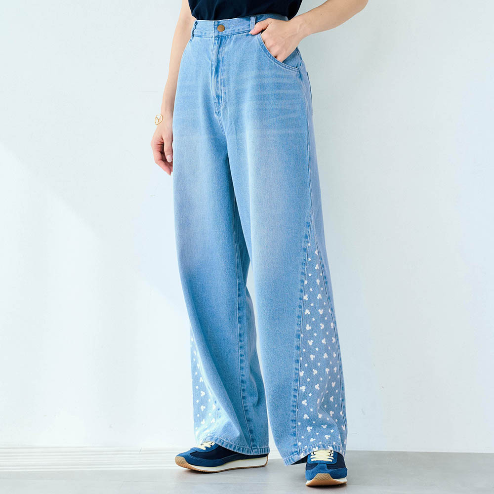 サイド切替デニムパンツ　ミッキーモチーフ