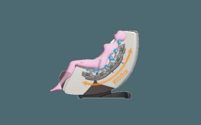 i-CORONの内部機構と約86cm施術範囲を示す機能図