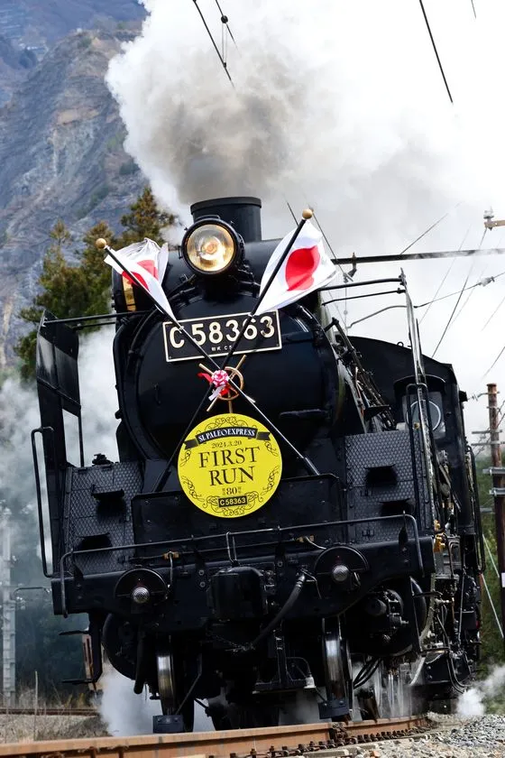 正面に特別装飾を施したSLパレオエクスプレスの機関車