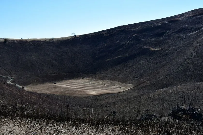 山頂から見下ろす大室山の噴火口地形