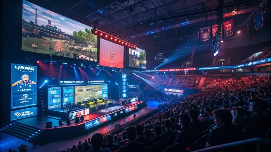 大規模eスポーツ大会会場で観客とステージが熱気に包まれる様子