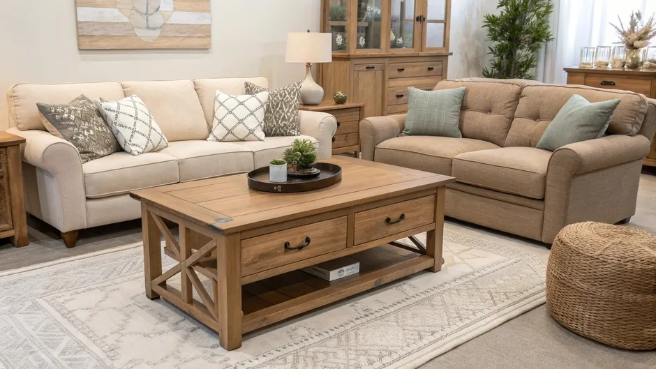 木目とベージュで統一された日本のリビング家具イメージ