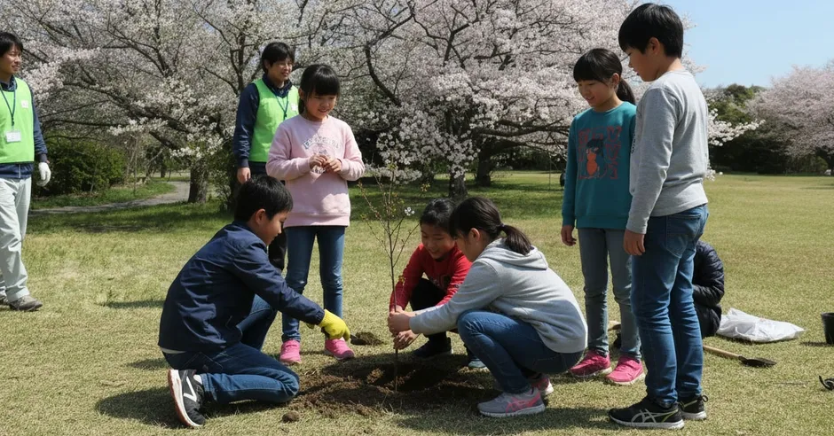 子どもたちが桜の苗木を植える様子