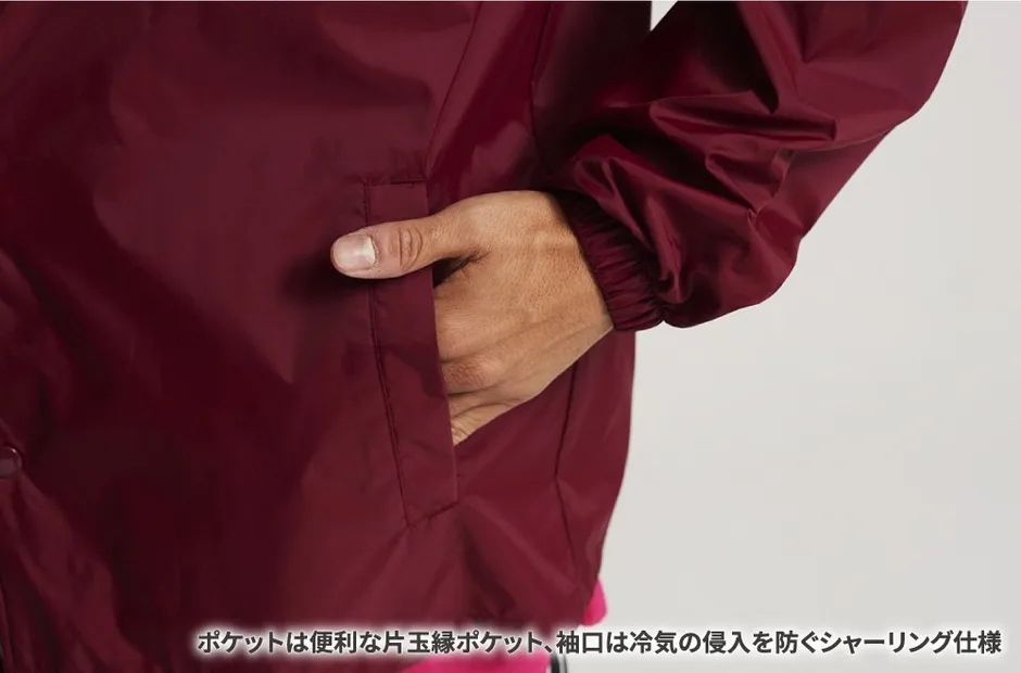 片玉縁ポケットと袖シャーリングを示した着用ディテール