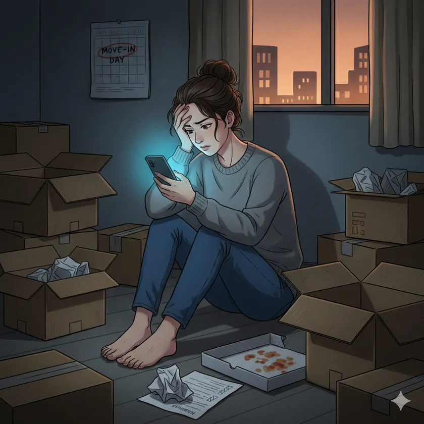 引越し当日に暗い部屋で困る女性のイラスト