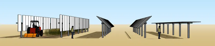 営農型太陽光発電の3種類の設置方式を示すCG図
