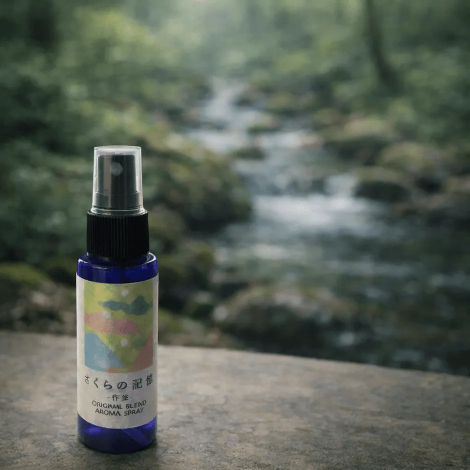 深い青色のボトルに入ったさくらの記憶アロマスプレー
