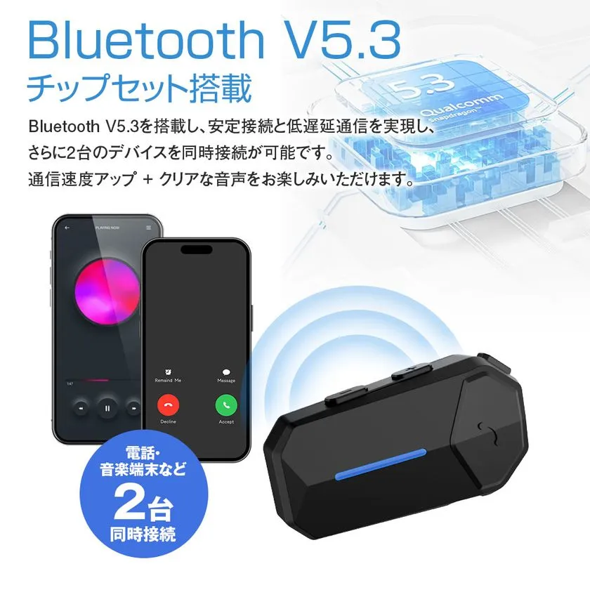 Bluetooth 5.3と2台同時接続対応を示すid-MOTO-K1本体画像