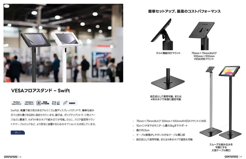 フロアスタンドSwiftの実使用写真と製品構造図
