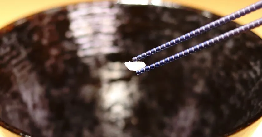 蒼律の箸先微細加工で食材をつまむ接写